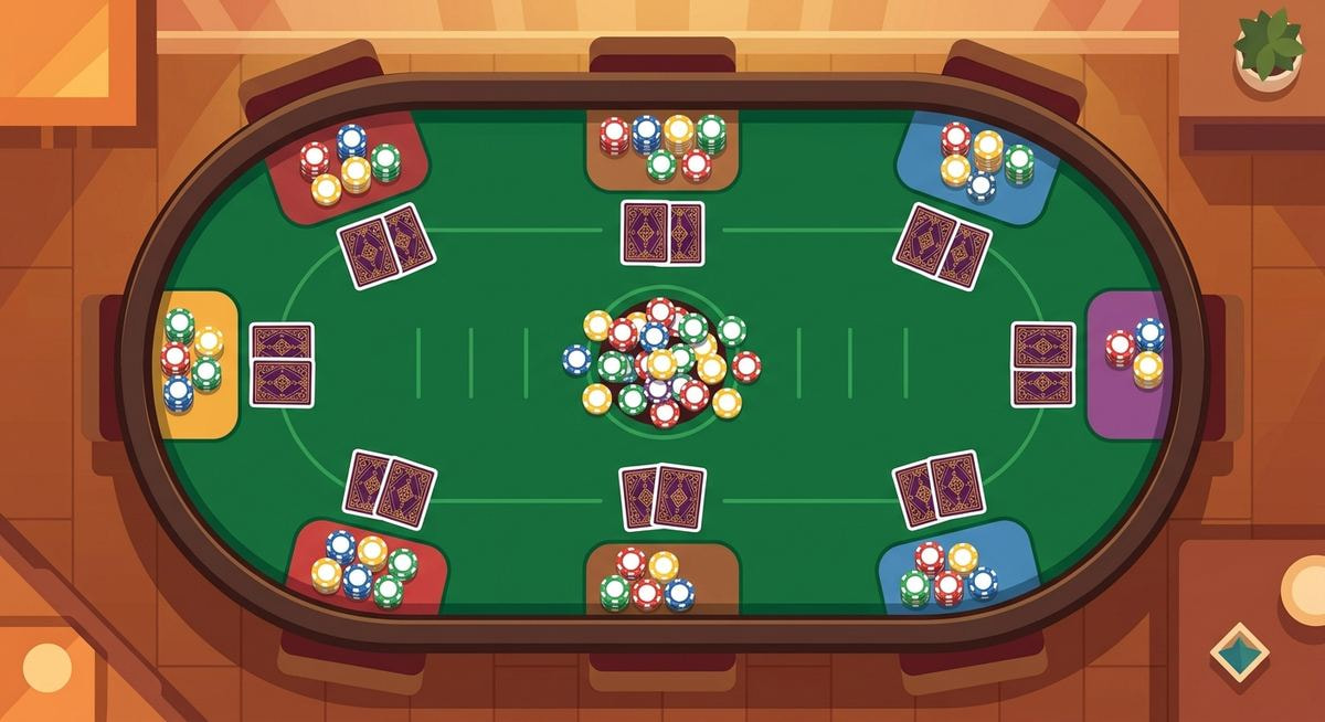 Stilisierter Pokertisch von oben – 6 Spieler, Gemeinschaftskarten in der Mitte, Chips im Pot