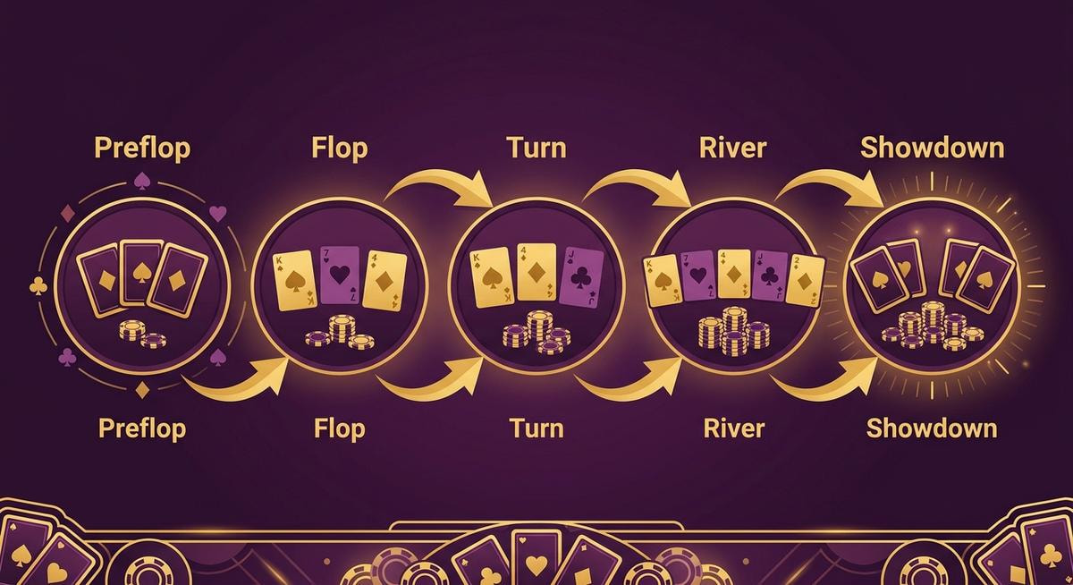 Der Poker-Spielablauf in 5 Phasen: Preflop, Flop, Turn, River, Showdown