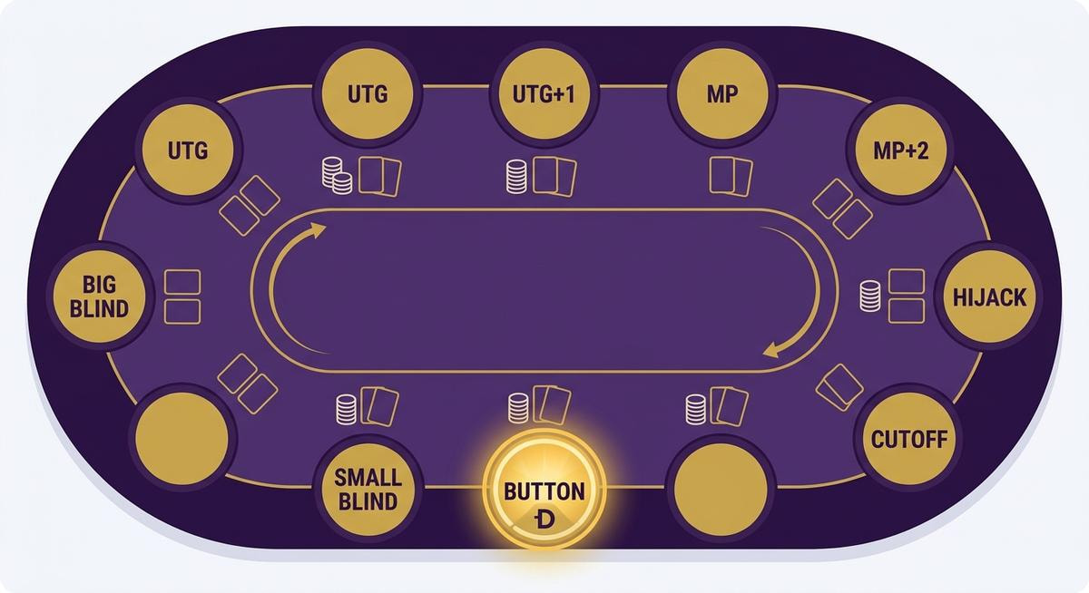 Positionen am Pokertisch – Button, Cutoff, Hijack und UTG von oben betrachtet